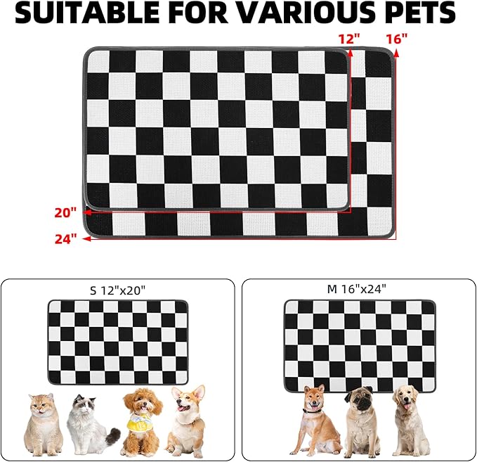 PUPTECK Dog Food Mat, Absorbent Pet Cat Feeding Mat for Food and Water Bowls, Anti-Slip Dog Placemat for Floors Waterproof, Pet Supplies Accessories, Black & White Checkered M