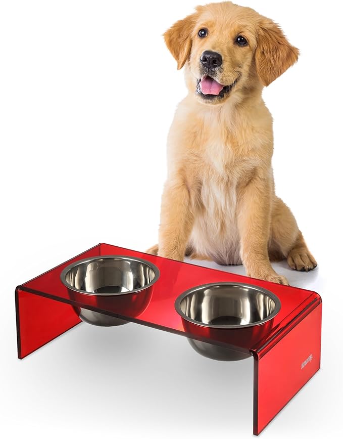 THE LICKER Store DBL2000H Keaton 5" Small/Medium Modern Acrylic Rectangular Elevated Pet Feeder with 20oz 2-Stainless Steel Bowls, Red/Chrome