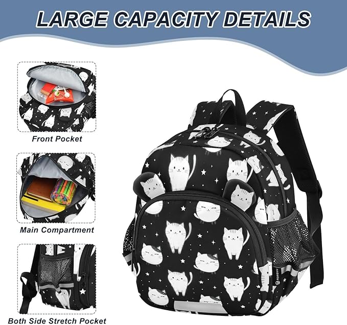 Cats Black and White Toddler Backpack with Leash, Cute Preschool Backpack Baby Harness Bookbag