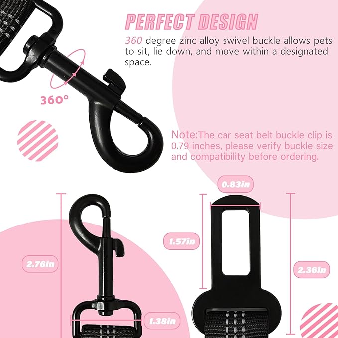 IBWell Dog Seat Belt,3 Piece Set Retractable Dog Car Harness Adjustable Dog Seat Belt for Vehicle Nylon Pet Safety Seat Belts Heavy Duty & Elastic (Black & Pink)