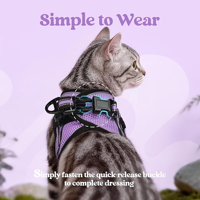 rabbitgoo Cat Harness and Leash, Step-in Escape Proof Kitten Harness Set, Soft Comfortable Cat Vest, Easy to Wear and Adjust, Reflective for Safe Outdoor Walking, Light Purple, Large