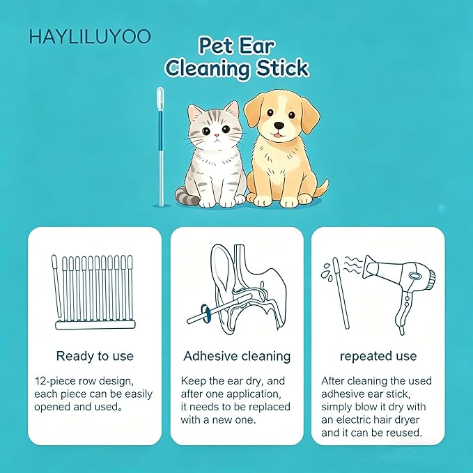 48 Pcs Pet Ear Cleaning Stick, Adhesive Ear Cleaning Tools for Dog and Cat, Sticky Resin Head, Gentle Safety Pets Earwax Removal Tools