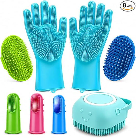 8PCS Pet Grooming & Bathing Kit for Dogs & Cats, Dog Bathing Supplies with Silicone Dog Washing Gloves, Dog Shampoo Brush, Dog Bath Brush Pet Grooming Tools for Shedding, Cleaning & Massage
