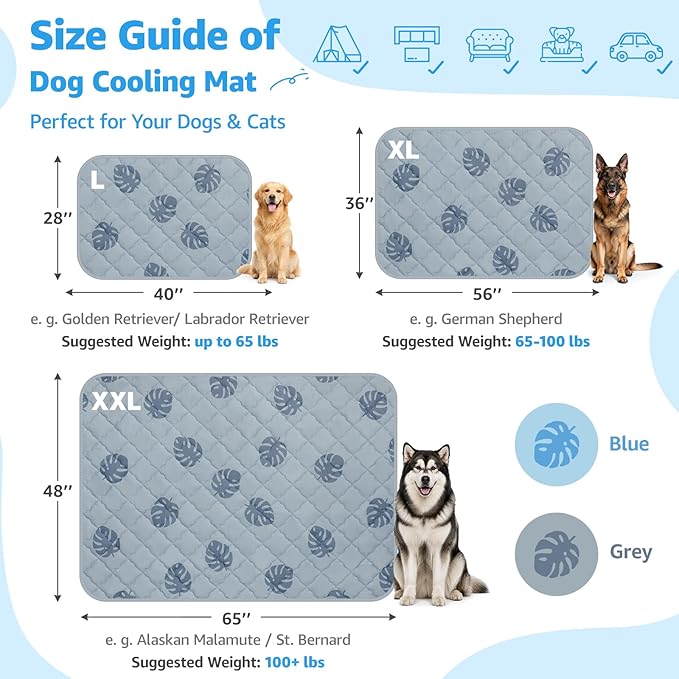 LOOBANI Dog Cooling Mat for Small Dogs Cats - 40"x28" Pet Cooling Mat with Anti-Slip Bottom, Waterproof Self-Cooling Dog Pad for Crate, Floor & Car, Grey Monstera (Grey, 40"x28")