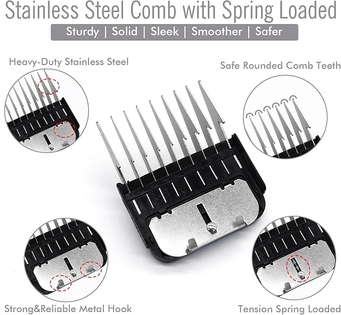 Professional A5-Style Animal Clipper Stainless Steel Color-Coded Snap-on Attachment Guard Guide Comb, 1/8"-1" Compatible with Wahl KM Series Oster A5 Andis Detachable Blade Pet Dog Groomers (#3-3/8")