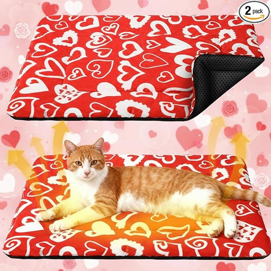2 Pack Valentine Self Warming Cat Mats Red White Heart Reflects Body Heat Self Heating Bed Machine Washable Thermal Pet Pad with Non Slip Bottom 18 x 24 Inch for Winter Indoor Kitten Dog Crate