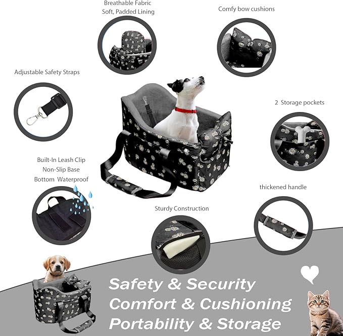 Center Console Dog Car Seat for Small Dogs Chihuahua or Yorkie Anti-Anxiety Anti-Collapse Booster Armrest Pet Bed | Secure Portable Seat for Compact Cars (Black, Up to 11 lbs)