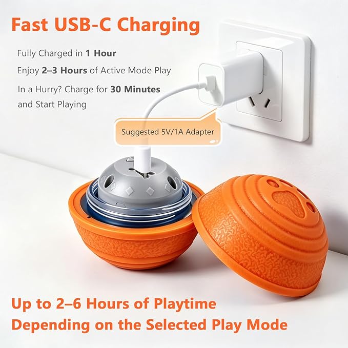 Interactive Dog Ball, Automatic Dog Toy, Vibrating Dog Ball with 4 Play Modes, Moving & Bouncing Ball for Dogs, Smart Self Rolling Dog Toy for Small Medium Dogs, USB-C Rechargeable, Orange