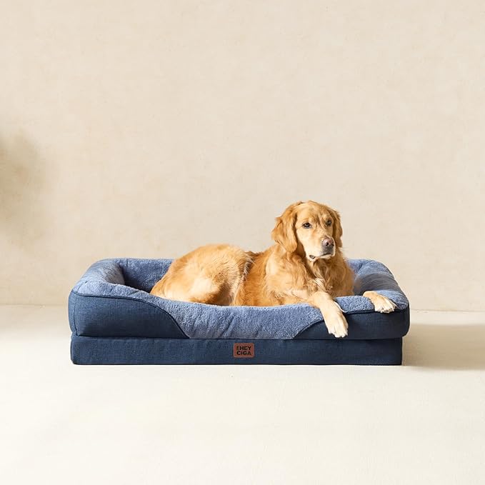 EHEYCIGA Orthopedic Dog Bed for Medium Dog, 35x22 Inch Memory Foam Dog Couch Bed with Sides, Waterproof Liner & Washable Removable Cover, Bolster Pet Sofa, Navy