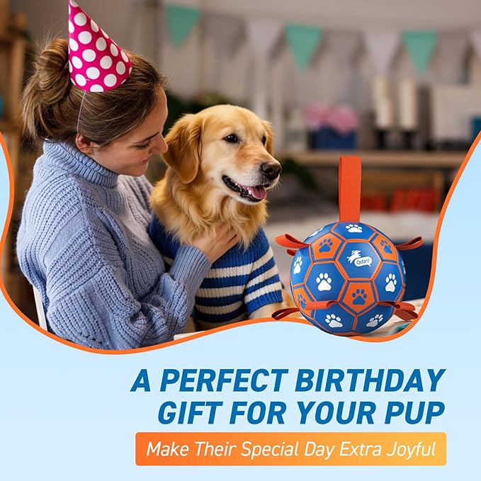 QDAN Dog Ropes Toys Soccer Ball with Straps, Puppy Birthday Gifts, Tug Toy, Durable Dog Balls for Medium & Large Dogs- Blue Orange(8 Inch)