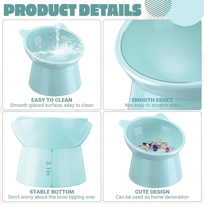 Zhehao 2 Pcs Elevated Cat Bowl Set, Tilted 15° Plastic Raised Food and Water Bowls Anti Vomit Pet Feeding Dishes for Indoor Cats/Small Dogs(Cat Ears,Light Green)