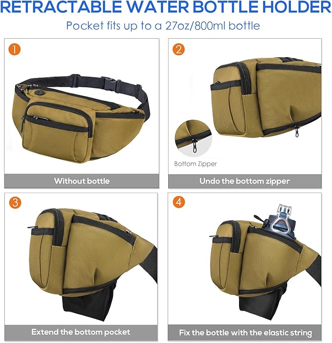 NOOLA Fanny Pack Waist Bag for Men Women, Lightweight Waist Pack with Water Bottle Holder, Adjustable Belt Bag with Multi-Pockets for Hiking, Dog Walking, Outdoor, Cycling, Running, Travel, Khaki