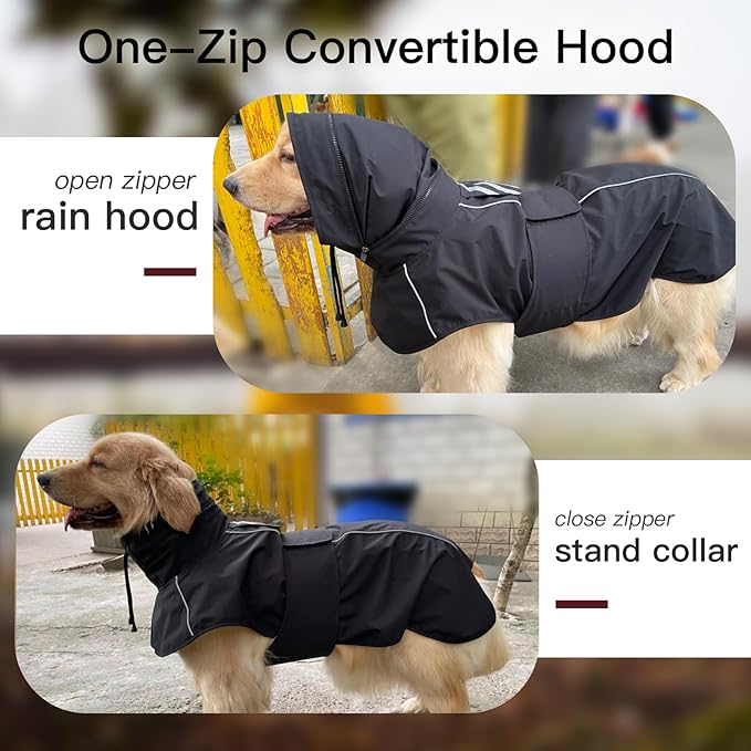 Waterproof Dog Raincoat, Windproof Rain Jacket for Large Dogs with Reflective Strips, Convertible Hood/Collar Poncho with Leash Hole Full Body Protection (Black, XXL)
