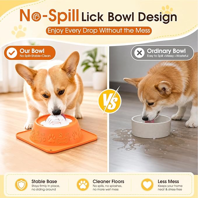 Slow Feeder Dog Bowls, Anti-Slip Dog Lick Bowl with Interactive Rolling Ball, Anxiety Relief Liquid Treat Feeder, Bone Broth Yogurt Licking Toy for Small Medium Large Dogs and Cats(Orange)