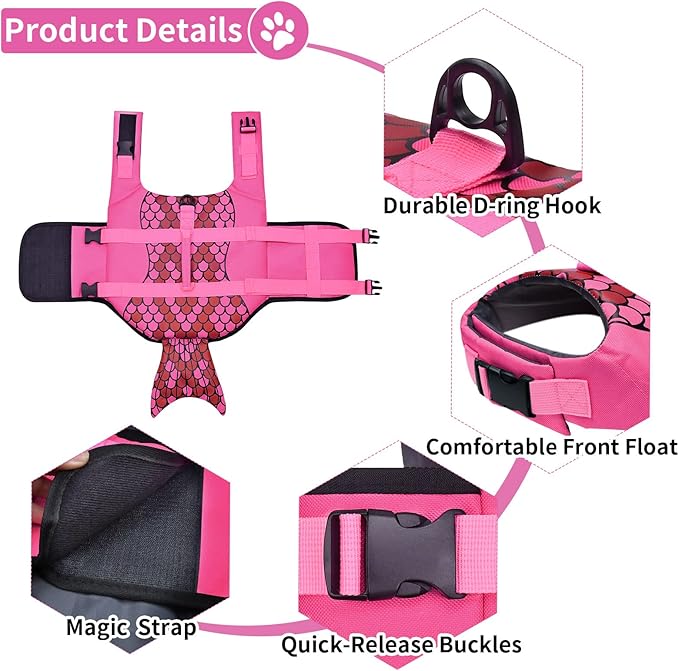 Malier Dog Life Jacket, Ripstop Dog Life Vest with High Buoyancy for Swimming Boating, High Visibility Mermaid Puupy Lifesaver for Small Medium Large Dogs (Medium)