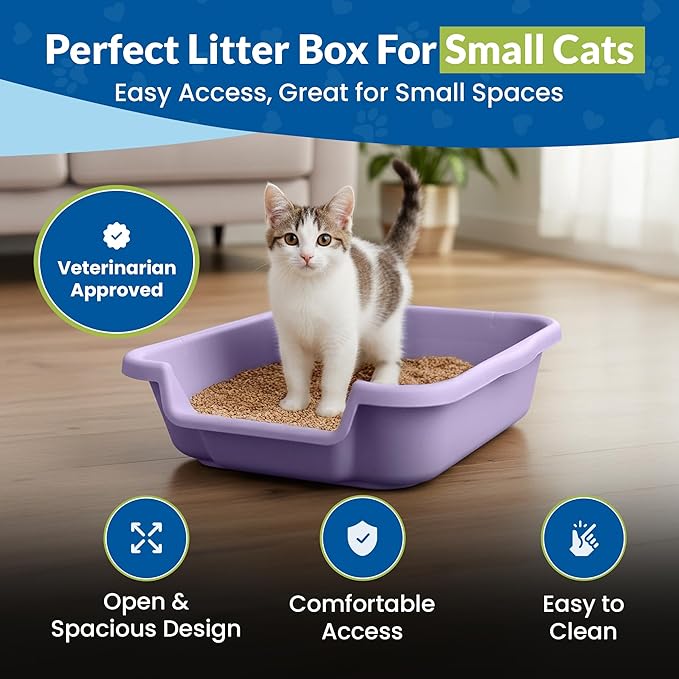 KittyGoHere Senior Cat Litter Box, Small Litter pan, Open Top Low Entrance Kitty Litter Box, Lightweight Low Entry Litters Box, Durable, Made in USA (2 Pack - Storybook Lavendar)