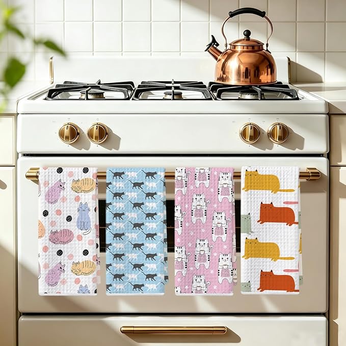 Hanamiya Na 4Pcs Cute Cat Kitchen Towels, Whimsical Decorative Absorbent Microfiber Dish Cloth Tea Towel, Durable Hand Towels for Farmhouse Home Bathroom, Cat Lover Gifts 2