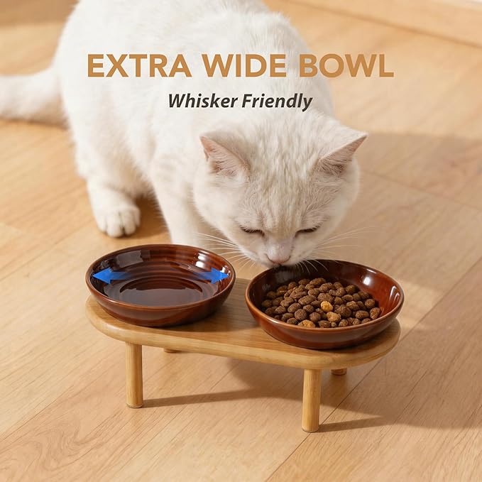 Havniva Elevated Cat Bowls Raised Ceramic Cat Bowl, 5.9” Wide Opening Cat Food Bowl Whisker Friendly Cat Dish Anti-Slip with Bamboo Stand, Shallow Pet Food & Water Bowl for Indoor Cats