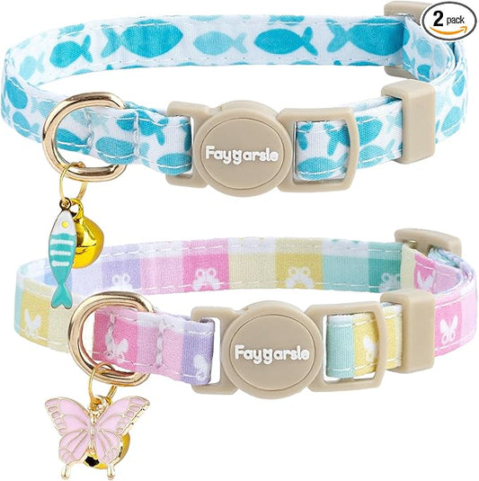 Faygarsle 2 Pack Plaid Butterfly Fish Pattern Cat Collars Breakaway Safety Collar with Bell Spring Summer Design for Girl Cats,Blue Multicolor