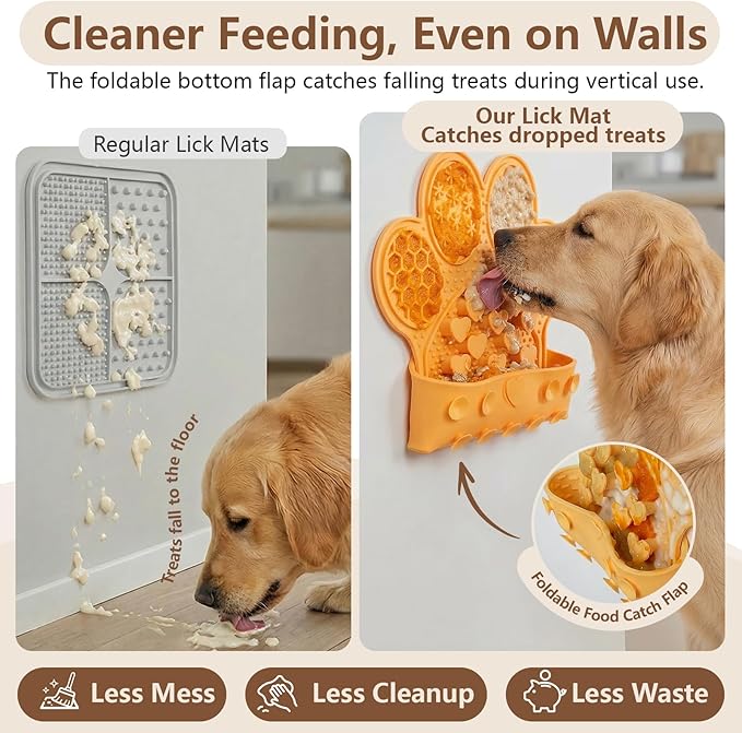 Dog Lick Mat with Suction Cups, Slow Feeder & Enrichment Mat for Dogs & Cats, Silicone Feeding Mat for Wet & Dry Food, Anxiety Relief, Mess-Free Foldable Pocket Design, Orange
