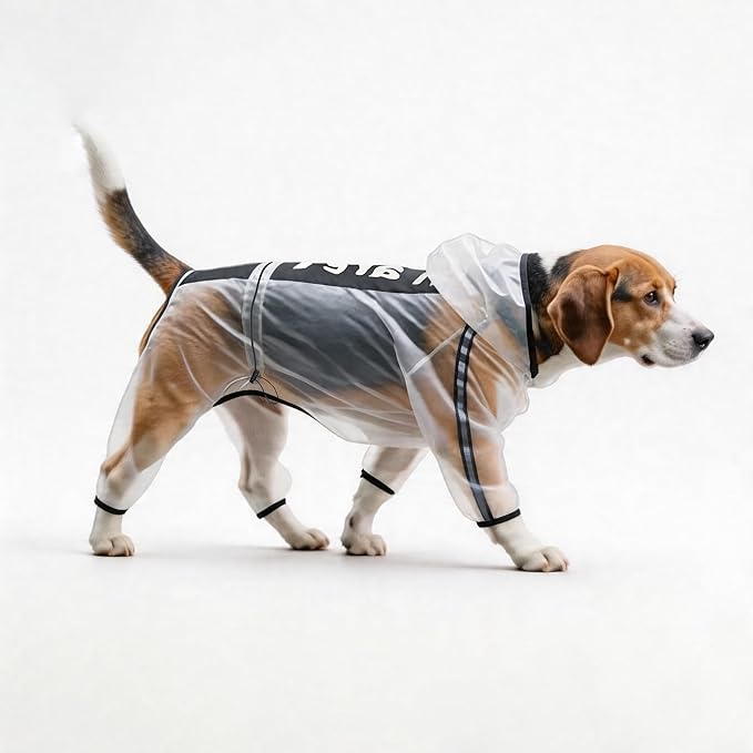 Olsa Dog Raincoat, Dog Hooded Slicker Poncho, 4 Legs Rain Jacket with Reflective Stripe, Transparent Water Proof Resistant Rain Snow Clothes for Small Medium Large