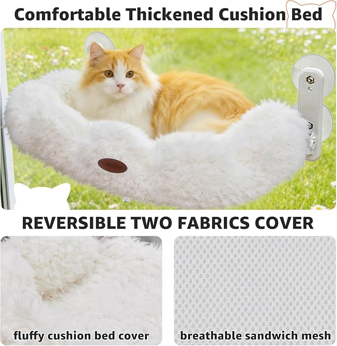 Woochpet Cordless Cat Window Perch for Kitty,Soft Plush Cushion Fabric Cat Hammock for Window with 4 Strong Suction Cups and Solid Metal Frame,Easy to Assenble,Foldable Window Seat for Cats Inside