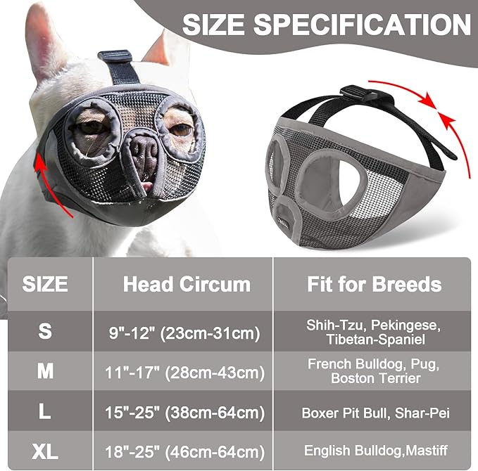 Short Snout Dog Muzzles- Adjustable Breathable Mesh Bulldog Muzzle for Biting Chewing Licking Training Grooming Dog Mask (Grey, Large)
