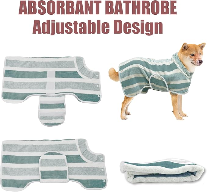 Fast Drying Dog Bath Robe, Super Absorbent Stripes Dogs Towel, Adjustable Warm Keeping Pet Puppy Bath Supplies (Green, M)