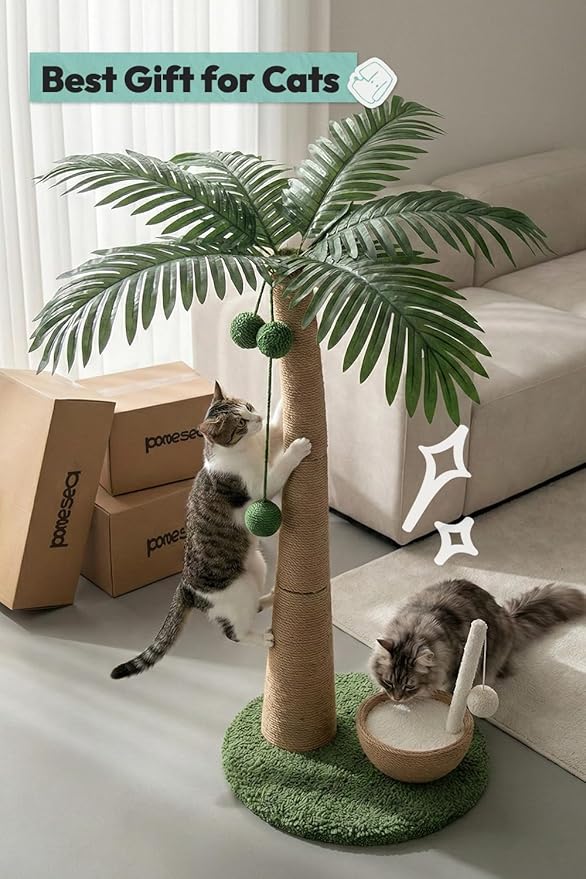 33" Tall Cat Scratching Post, Natural Jute Cat Scratcher for Indoor Cats,Coconut Tree & Straw Design with Hanging Toy Ball & Rest Platform,Stable Furniture Protector for Kittens & Adult Cats,M