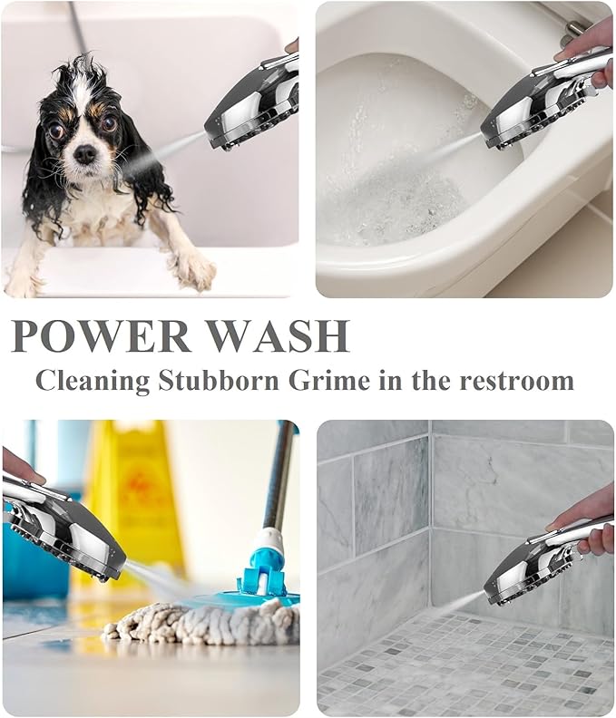 BOWGER Shower Head with Handheld High Pressure Multi-Function 7 modes, Built-in Power Wash to Clear Tub, Tile & Pets, 5” High Flow Hand Held Rain Showerhead with Extra Long Hose and Adjustable Bracket