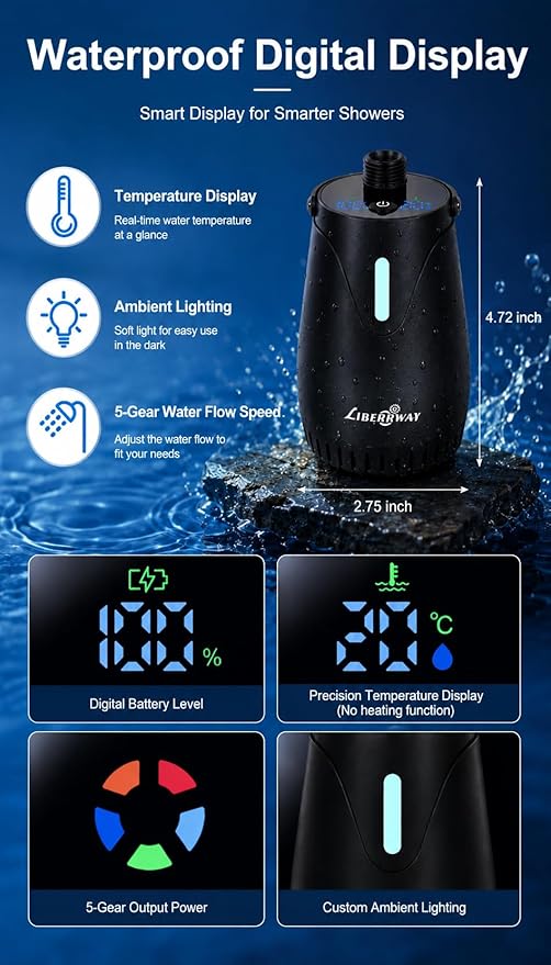 LIBERRWAY Portable Shower for Camping, 8000mAh Rechargeable Camping Shower Pump with LED Display&Ambient Light, 5 Pressure Modes, IPX8 Waterproof, Outdoor Shower Kit for Hiking,Travel, Car, Pet