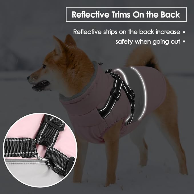 Dog Winter Coat, Waterproof Dog Coat Jacket with Harness for Medium Breeds Boys Girls, Reflective Fleece Lined Pet Snow Jacket Sweaters for Pug, Jack Russel, Boston Terrier, Pink M
