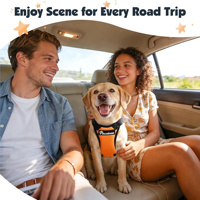 Pawaboo Dog Seat Belt Harness for Car, Dog Car Harness Seatbelt with Double Clips, Adjustable Breathable Pet Vest & Dogs Safety Tether with Elastic Bungee for Small Medium Large Pet, S, Orange/Black