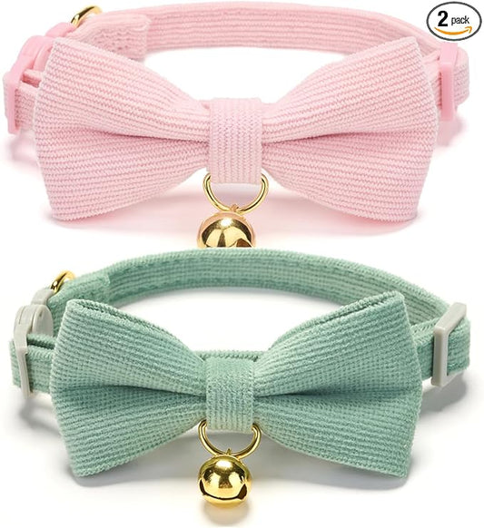 2 Pack Soft Corduroy Cat Collars with Bow Tie & Bell Adjustable Breakaway Bowtie Kitten Collar for Girl Boy Kittens(Pink & Grass Green)