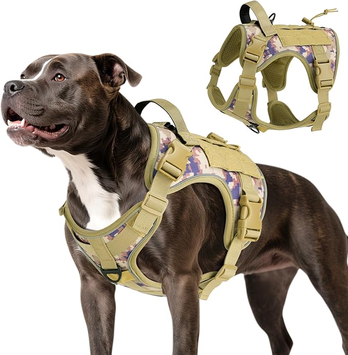 VavoPaw Heavy Duty Tactical Dog Harness for Large Dogs, No Pull Adjustable Pet Harness Reflective Service Training Easy Control Pet Vest Military K9 Working Dog Harnesses, Desert Camouflage, M