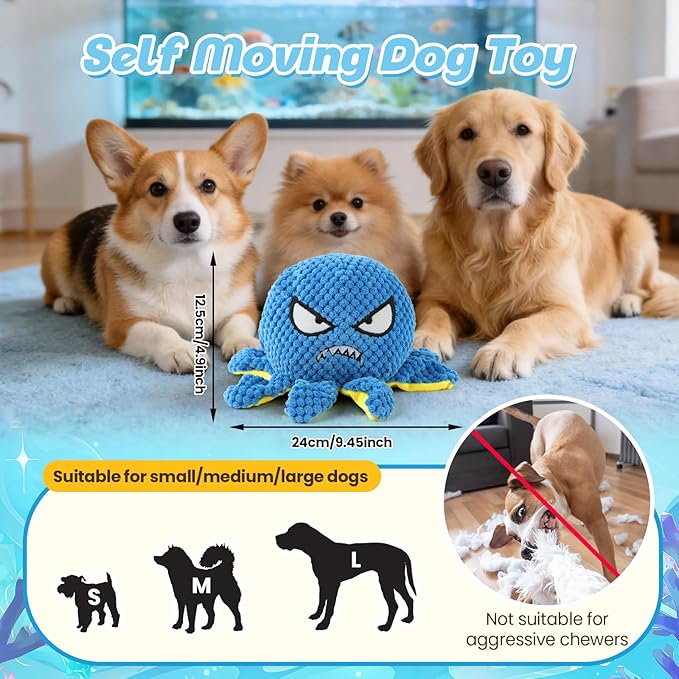 Interactive Dog Toys Octopus - Moving Dog Toys to Keep Them Busy, Rechargeable Automatic Music Bouncing Ball with 4 Play Modes, Squeaky Crinkle Plush Chew Toy for Small Medium Large Dogs