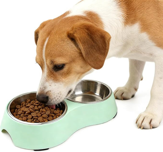 Large Green Double Pet Bowl – Non-Slip Stainless Steel Food & Water Set for Medium/Large Dogs & Multiple Cats, BPA-Free Mess-Free Feeding Dishes