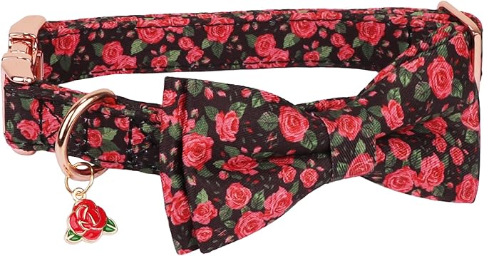 ADOGGYGO Floral Dog Collar with Bow, Metal Buckle, Adjustable Red Rose Floral Bowtie Collars for Extra Large Dogs (X-Large)