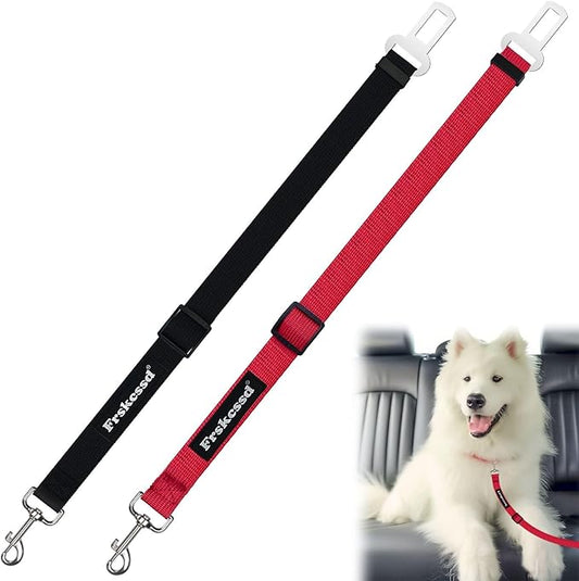 2 PCS Dog Seat Belt for Car Frskcssd Adjustable Dog Car Harness Heavy Duty Nylon Dogs Safety Seat Belt (Black+Red)