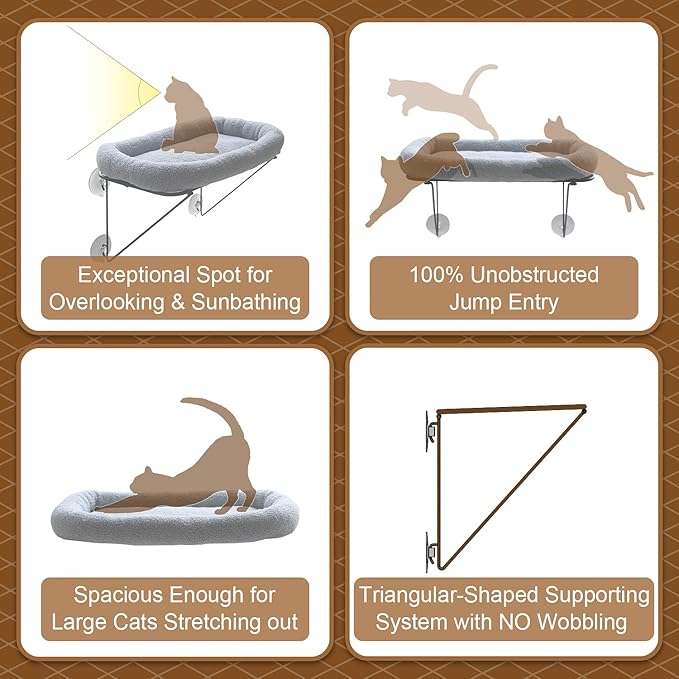 Zakkart Cat Window Perch - 100% Metal Supported from Below - Comes with Warm Spacious Pet Bed - Cat Window Hammock for Large Cats & Kittens - for Sunbathing, Napping & Overlooking (Grey)
