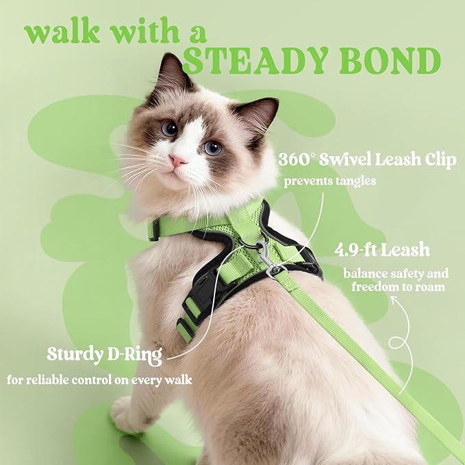 rabbitgoo Cat Harness and Leash Set, Escape Proof Kitten Harness for Safe Outdoor Walks, Soft Breathable Adjustable Vest with Reflective Strips for Kittens and Small Cats, Light Green, XS