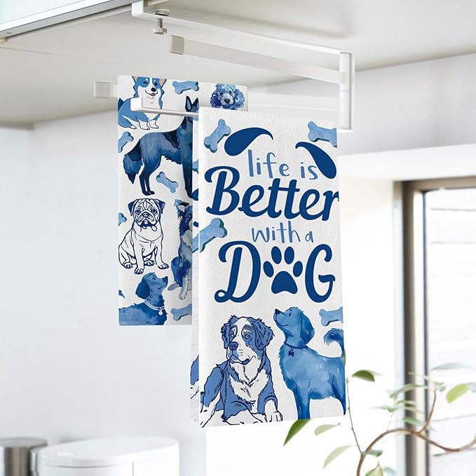 Life is Better with Dog Kitchen Dish Towels Set of 2, Blue German Shepherd Corgi Drying Hand Towel Baking Cooking Cloth, Funny Bathroom Home Decoration Pet Dog Owner Lover Gift 18'' x 26''