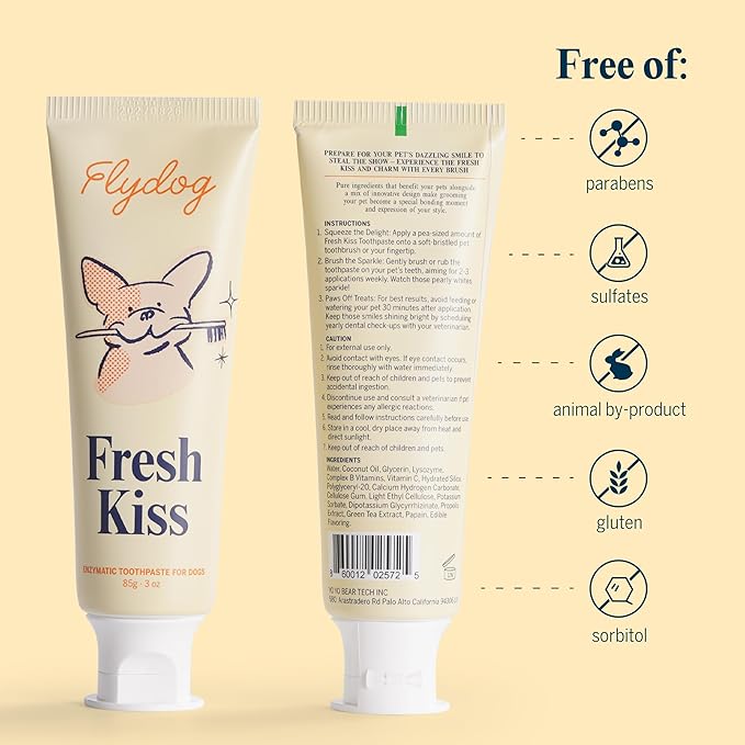 FlyDog Fresh Kiss Dog Tooth Brushing Kit - Vet Approved Formula, Enzymatic Dog Toothpaste and Brush - Breath Freshener & Tartar Remover, 360° Toothbrush & Finger Brush, Dental Guide, Mint Flavor