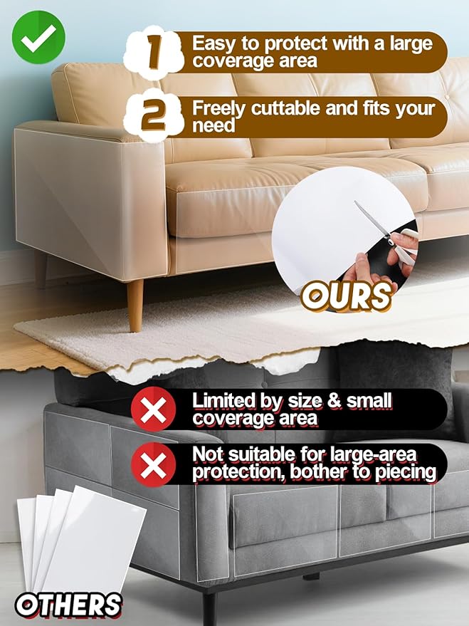 136x12in Cat Scratch Furniture Protector - Specially Designed for Leather Furniture, Transparent Cuttable Anti-Scratch Couch Protector, No Pins