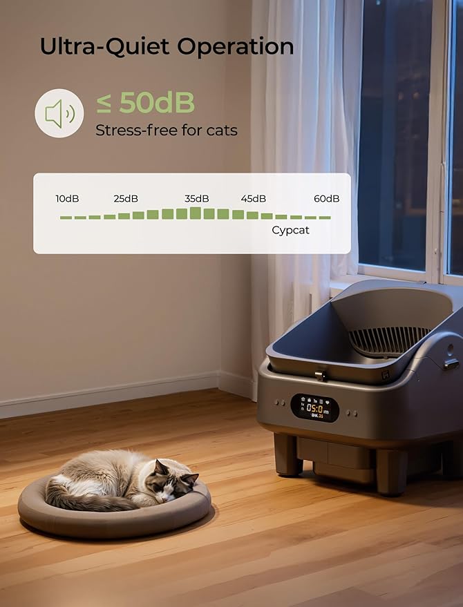 Automatic Litter Box, Cypcat Smart Self Cleaning Cat Litter Box Anti-Pinch, 10 Safety Sensors, Large Cat Litter Boxs for Multiple Cats, Dual 5G & 2.4G WiFi, 6" LED Display, Odor Control Robot, Grey
