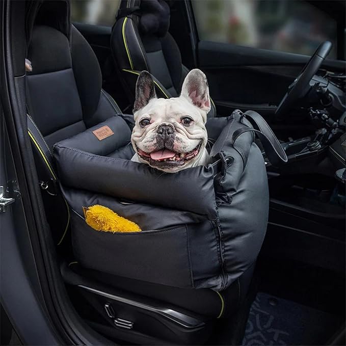 FUNNYFUZZY Luxury Dog Car Seat for Small Medium Dogs Under 35 lbs, Waterproof Leather Pet Booster Seat with Safety Leash & Anti-Slip Base, Fully Padded Dog Car Bed, Portable Puppy Carrier(Black)