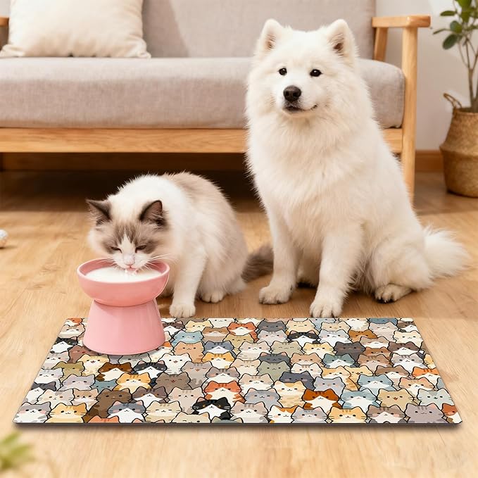 Cute Cat Food Mat 20 x 12 Inch Cartoon Pattern Non Slip Design, Pet Feeding Mat Absorbent Quick Dry Washable Rectangle Bowl Placemat Rug Protect Floors for Cat Dog Food Water Area Home Use