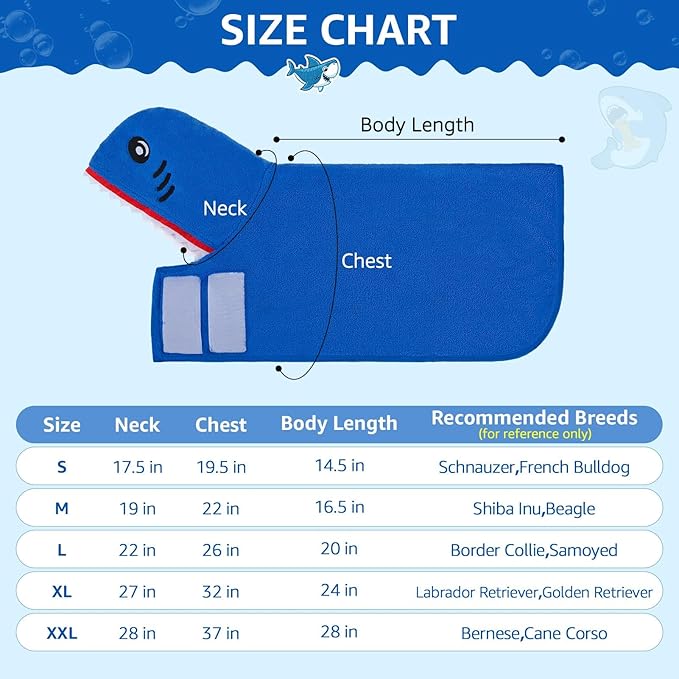 SCENEREAL Dog Bathrobe Fast Drying Towel Microfiber Dog Towel Robe with Hook and Loop Closure & Wrap Tie Snuggle, Super Absorbent Pet Cat Dog Bath Robe Drying Coat, Shark Hood S