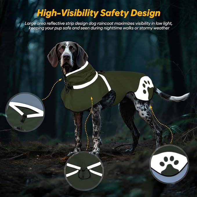 Dog Raincoat for Large Dogs, Adjustable Rain Jacket for Dogs, Waterproof Slicker Jacket for Adventures, Walking, Hunting（L,Dark Green）