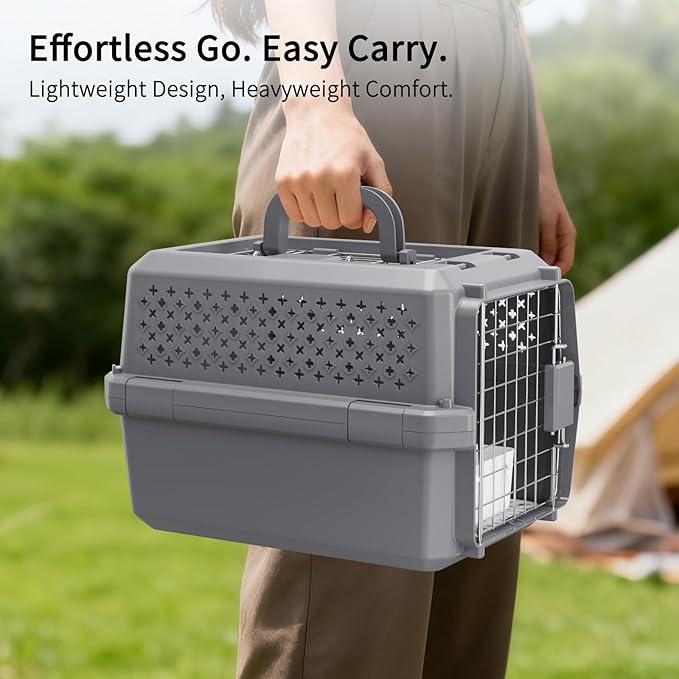 RIZZARI Grey Small Hard Sided Pet Carrier, Portable Ventilated Travel Crate with Metal Door and Handle for Small Dogs and Cats, Perfect for Car Rides, Vet Visits and Daily Use